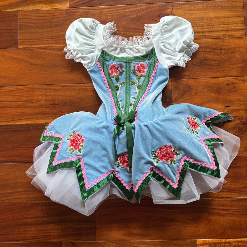 Revo Floral Embroidered Kids Dance Costume - Blue, Green, and Pink